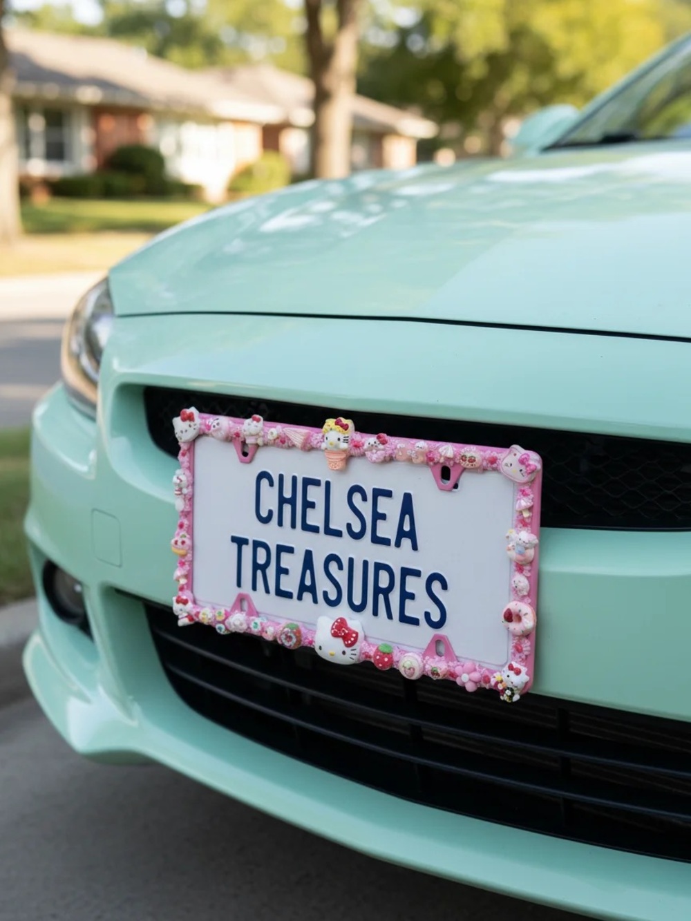 Hand Crafted Pink Hello Kitty Decorative License Plate Frame with Charms